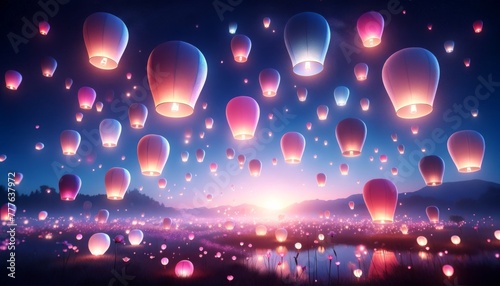 Colorful hot air balloons flying in the night sky.