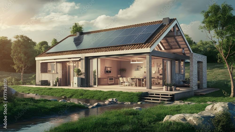 A realistic depiction of a sustainable home, featuring solar panels