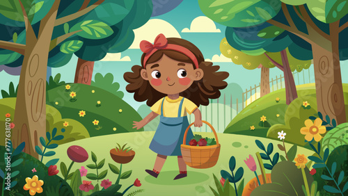 Fototapeta Naklejka Na Ścianę i Meble -  illustration-of-little-girl-with-basket-in-garden
