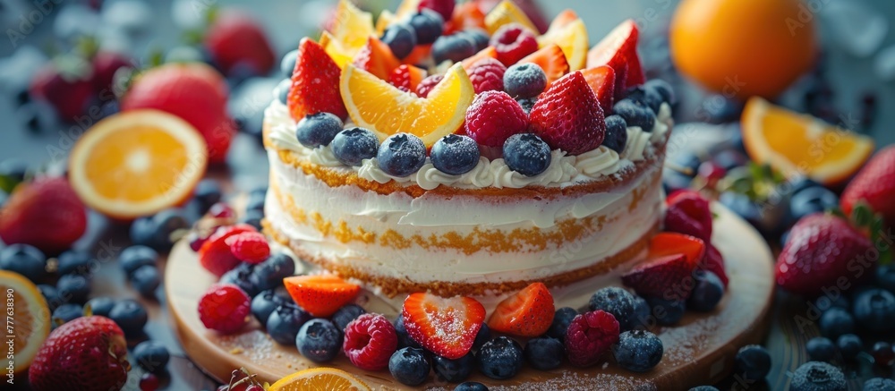A multi-layer cake adorned with colorful and fresh fruits on top, creating a visually appealing dessert centerpiece.