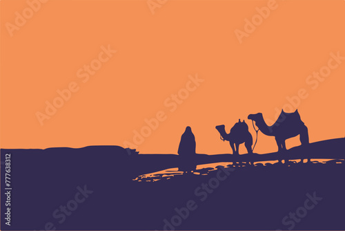 Silhouette illustration of camel caravan crossing desert under orange sky