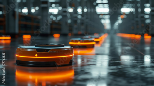 Orange robots gliding across a sleek warehouse floor