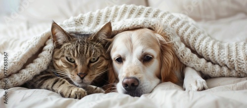 A dog and a cat are cuddled together under a blanket, sharing warmth and comfort in a cozy setting.