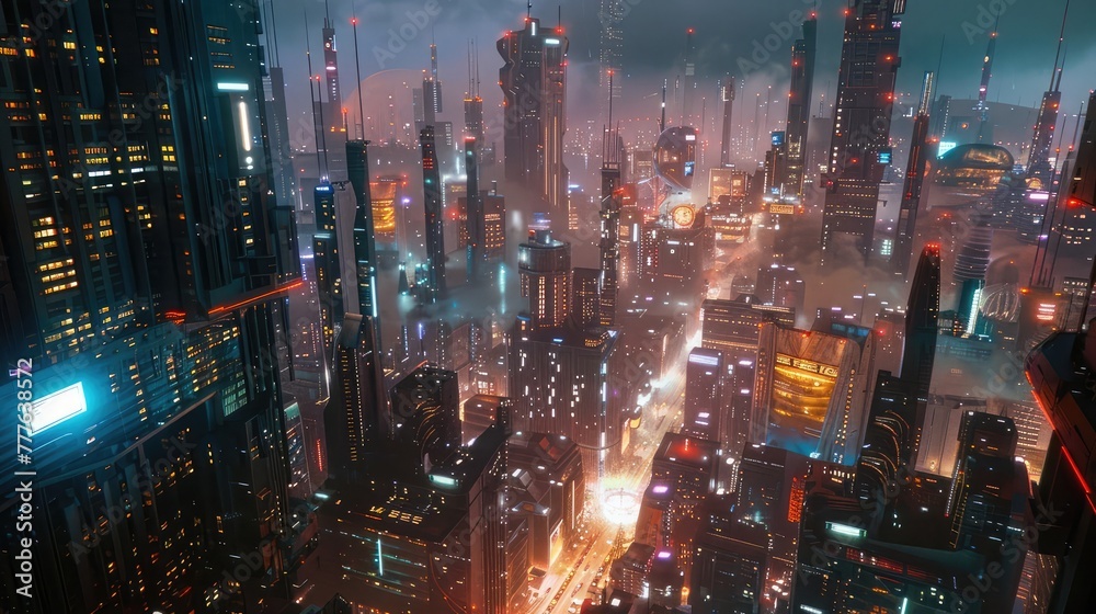 A futuristic mega-city with towering skyscrapers and bustling streets, where advanced technology 