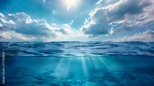 Blue sea or ocean water surface and underwater with sunny and cloudy sky © Alon