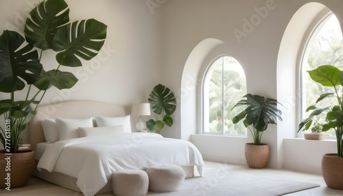 A serene bedroom adorned with crisp white linens and plush cream-colored pillows, framed by elegant round stone arches, with a lush green monstera plant cascading gracefully from a corner.