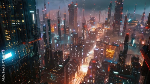 A futuristic mega-city with towering skyscrapers and bustling streets, where advanced technology 