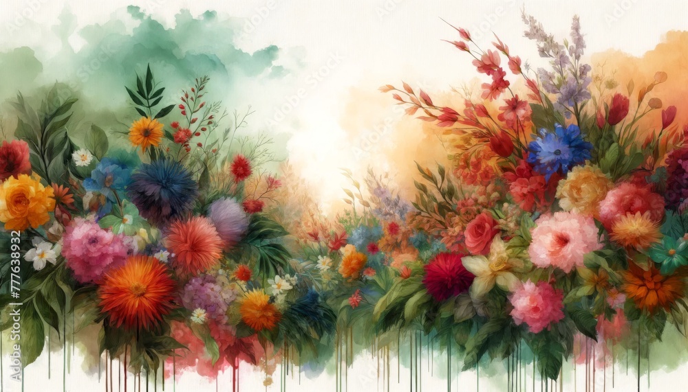Watercolor painting of flowers in pastel colors, abstract floral background.