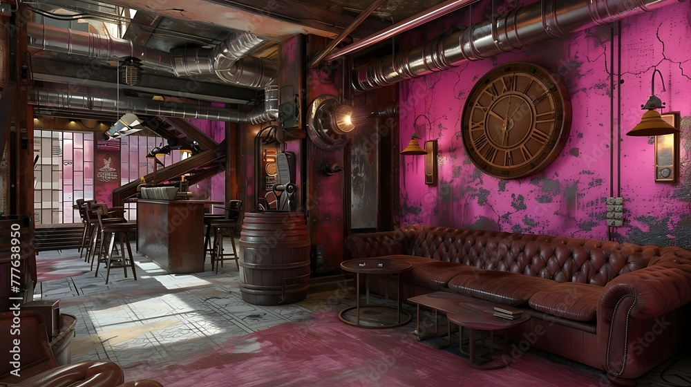 Steampunk-inspired lounge with industrial elements and a weathered steel pink wall texture / AI-created interior scene attractive look