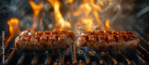 Two white pork sausages cooking on a grill over flames, sizzling and browning as they are being grilled to perfection.