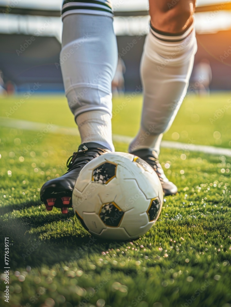Fototapeta premium International football player wearing shin guards and cleats positions himself behind a soccer ball on a grass field in big athletic stadium and prepares to kick off professional championship game