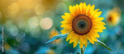A close-up of a vibrant sunflower with a blurry background in a garden setting.