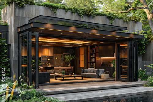 A sleek black steel box structure that has been transformed into an elegant home office with glass doors and windows, nestled in lush greenery. Created with Ai