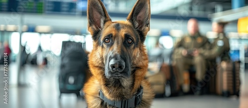 A German Shepherd dog is sitting alertly in an airport, looking around with curiosity and focus. © FryArt