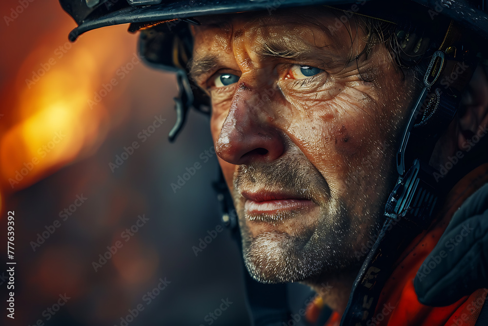 A powerful portrait capturing the determination and bravery of a firefighter, highlighting heroism and commitment in the face of danger A powerful portrait capturing the determination and bravery of a firefighter, highlighting heroism and commitment in the face of danger