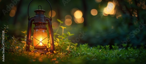 A lantern with a lit flame, placed on a lush green field, illuminating the surroundings.