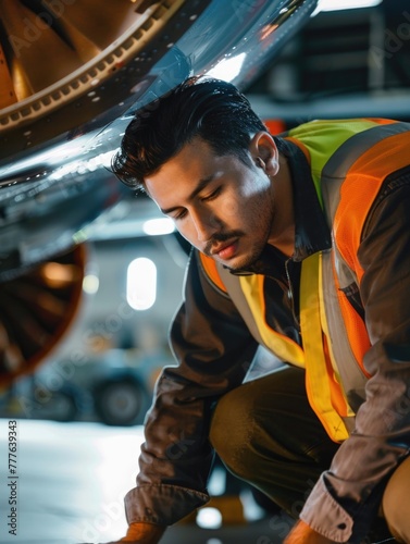Handsome mid adult Hispanic male employee working under an aircraft. He is checking the wheels and wearing a reflective vest