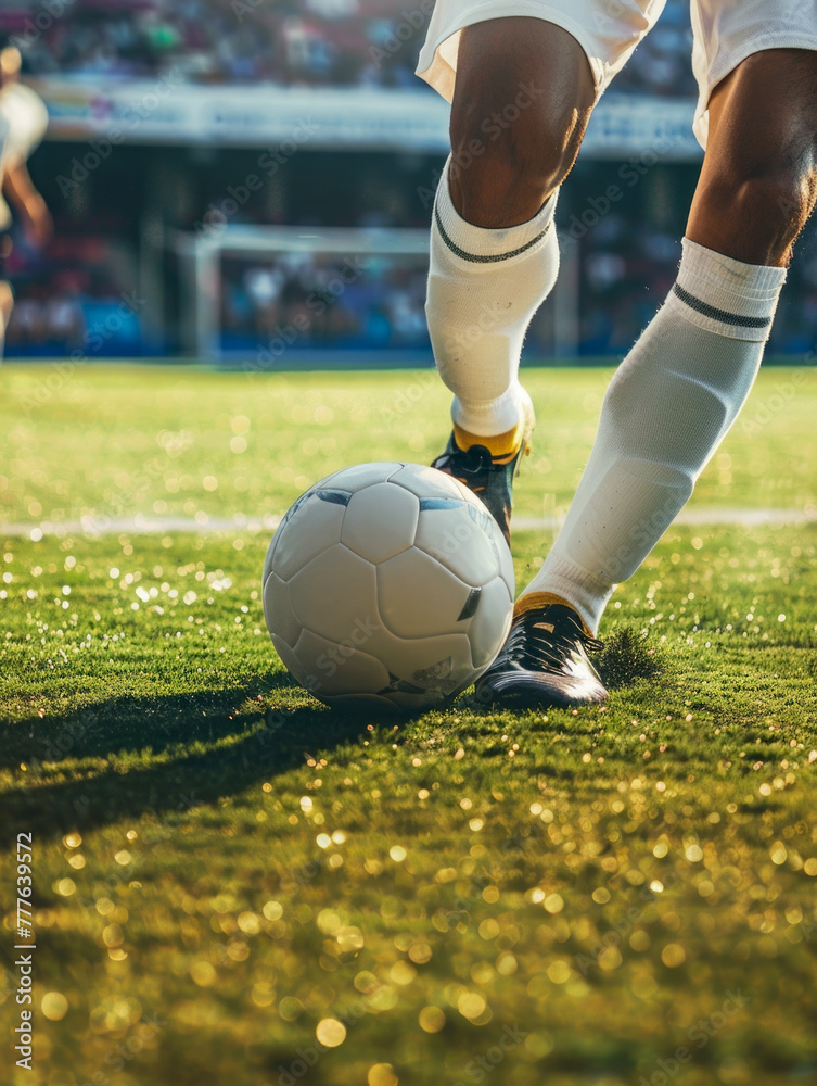 International football player wearing shin guards and cleats positions himself behind a soccer ball on a grass field in big athletic stadium and prepares to kick off professional championship game