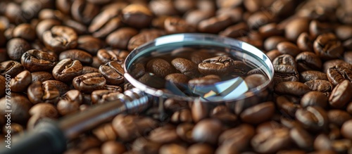 A magnifying glass is positioned over a pile of roasted coffee beans, highlighting the texture and colors of the beans.