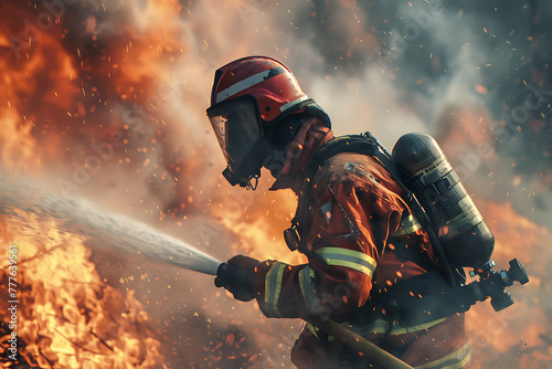 A powerful portrait capturing the determination and bravery of a firefighter, highlighting heroism and commitment in the face of danger