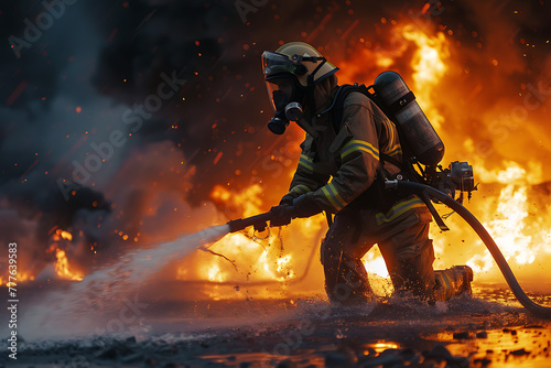 A powerful portrait capturing the determination and bravery of a firefighter, highlighting heroism and commitment in the face of danger