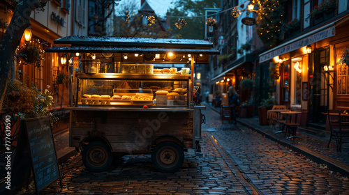 Chic food cart with open window on a cobblestone street