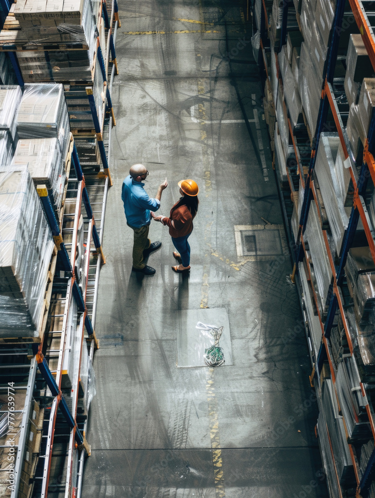 High angle view of a warehouse manager walking with foremen checking ...