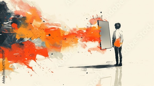 A minimalist illustration of a person and their reflection in a mirror, depicted with bold shapes for emotions and food, in monochrome with color splashes.