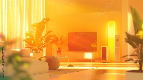 Tech-savvy smart home ambiance with integrated devices and a gradient yellow wall background / AI-generated interior design attractive look