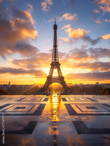 Eiffel Tower and Trocadero Square at sunrise, Paris, France