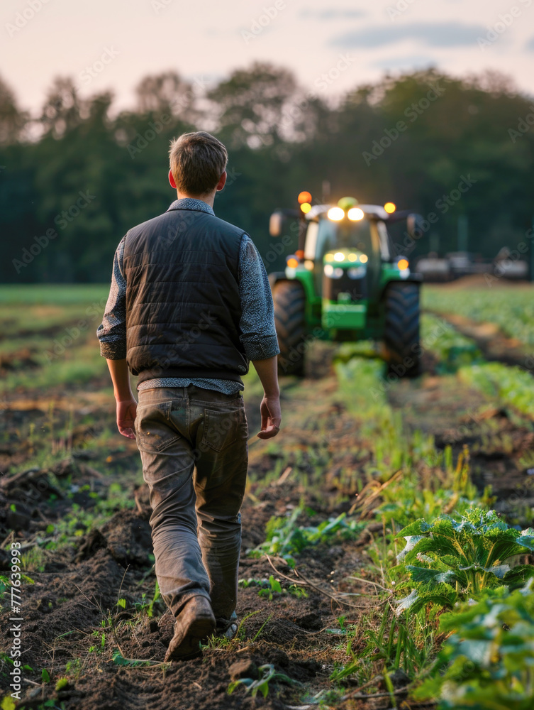 Fototapeta premium Man with short brown hair,wearing trousers and a black vest is walking on his agricultural field in the evening,rear view with green tractor in the background,lights on green tractor are turned on