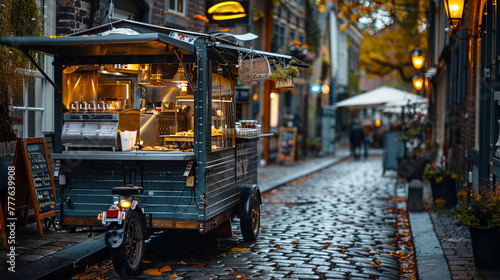 Chic food cart with open window on a cobblestone street