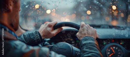 A man with both hands on the wheel drives a car in the rain, navigating the wet road carefully.