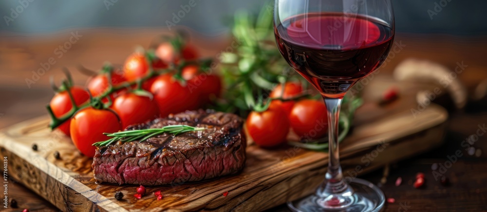 A glass of wine sits next to a juicy steak on a wooden cutting board, complemented by fresh tomatoes.