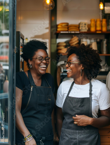 Happy African-American woman and her employee talking and laughing while standing at door of the store