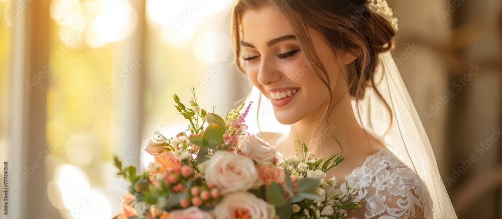 A beautiful woman, dressed in a white wedding gown, holds a bouquet of colorful flowers in her hands. A beautiful woman, dressed in a white wedding gown, holds a bouquet of colorful flowers in her hands.