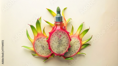 Cosmetic bottle with a dragon fruit design, showcasing vibrant colors and natural skincare ingredients. Perfect blend of exotic fruits and beauty, promoting hydration, eco-friendliness, and self-care