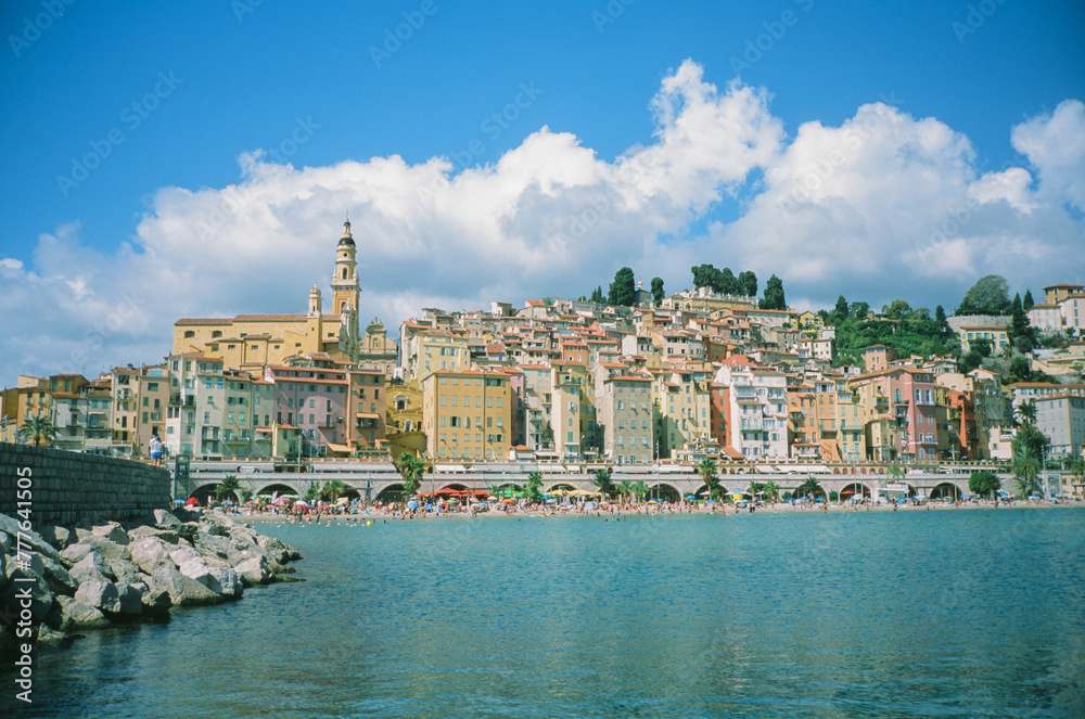 Scenic view of Menton town in Mediterranean coast on film