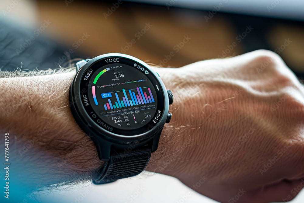 A person is wearing a watch that shows a green bar on the screen A person is wearing a watch that shows a green bar on the screen