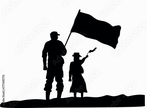 Memorial Day, vector, ilustración temática de padre militar con su hija, ondeando una bandera. dia de los soldados caidos. photo