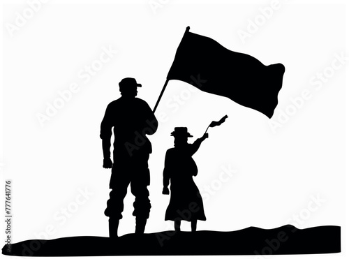 Memorial Day, vector, ilustración temática de padre militar con su hija, ondeando una bandera. dia de los soldados caidos. photo