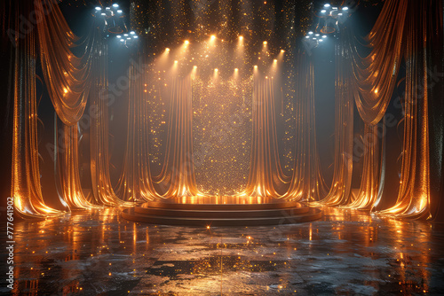 A dramatic stage with golden curtains, spotlight beams creating an aura of mystery and grandeur. Created with Ai