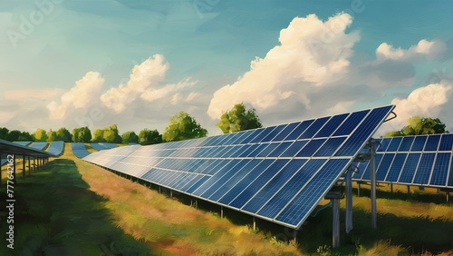 An expansive view of a solar farm in a rural setting