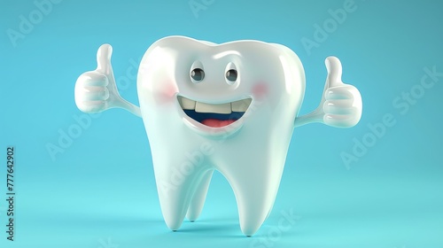 3D realistic happy white tooth   Tooth cartoon characters with thumbs up on bright background   Cleaning and whitening teeth concept
