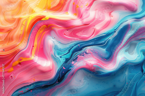 Colorful and vibrant acrylic paint, fluid liquid, flowing on a white background in a closeup. Created with Ai