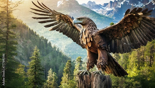 a wooden eagle sculpture, symbolizing the harmony between wildlife and the forest