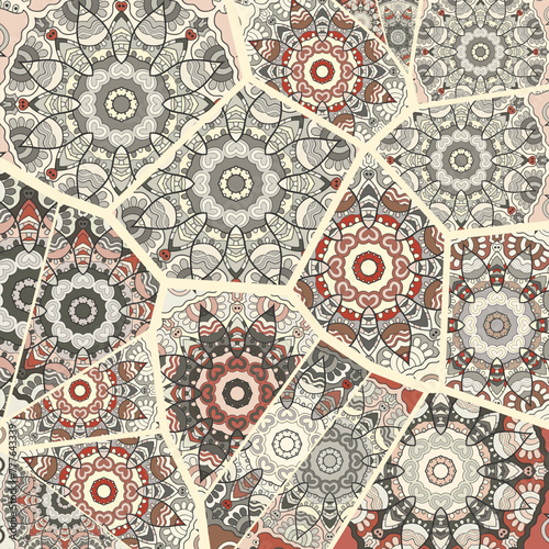 Vector patchwork quilt pattern. Vintage decorative collage. Hand drawn background. Indian, Arabic, Turkish motifs for printing on fabric or paper. Abstract colorful doodle pattern in mosaic style