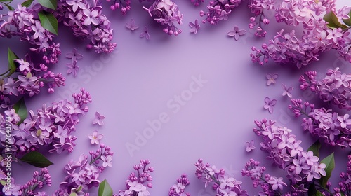 A lilac flower arrangement with a purple background and copy space in the middle of the image.