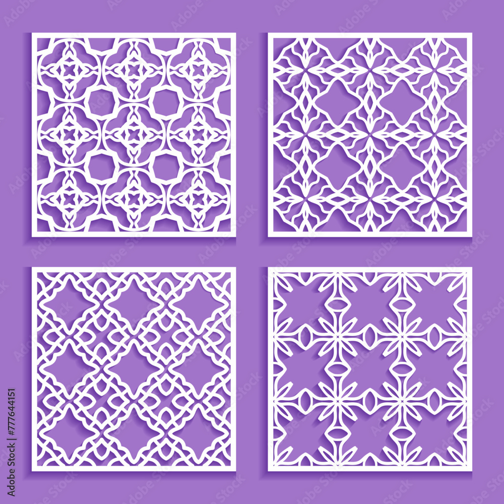 Templates for laser cutting, plotter cutting, printing. Square line patterns set. Geometric design cut out of paper. Mandala Islamic die cut ornament. Fretwork panels, cutout silhouette stencils Templates for laser cutting, plotter cutting, printing. Square line patterns set. Geometric design cut out of paper. Mandala Islamic die cut ornament. Fretwork panels, cutout silhouette stencils