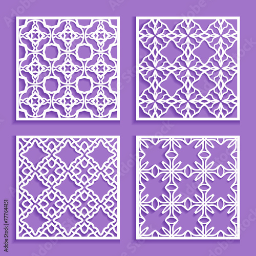 Templates for laser cutting, plotter cutting, printing. Square line patterns set. Geometric design cut out of paper. Mandala Islamic die cut ornament. Fretwork panels, cutout silhouette stencils